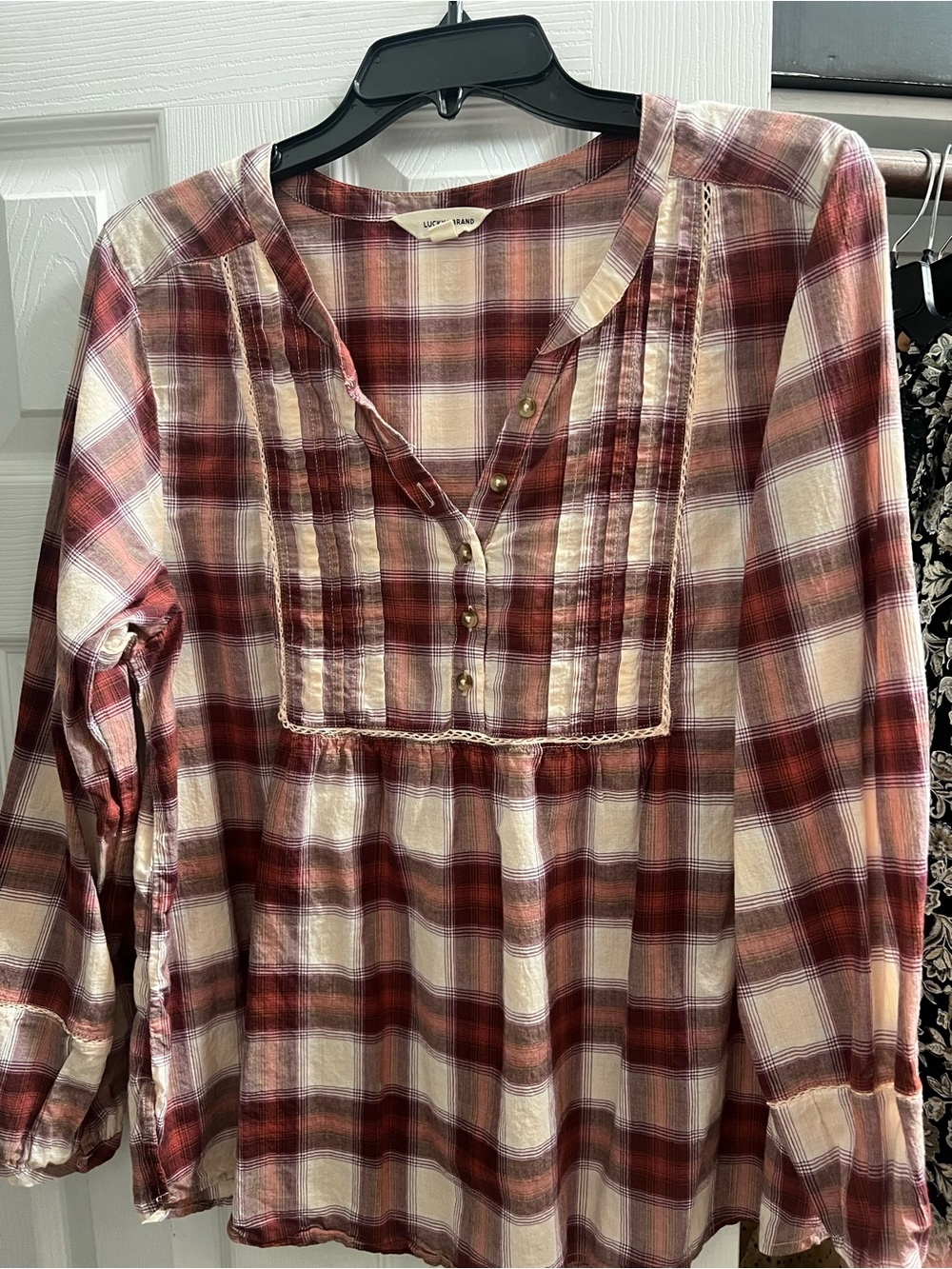 Lucky Brand Burgundy and Cream Plaid Peasant Blouse